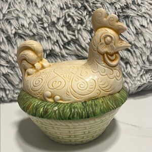 Decorative Cream and Green Ceramic Hen Basket